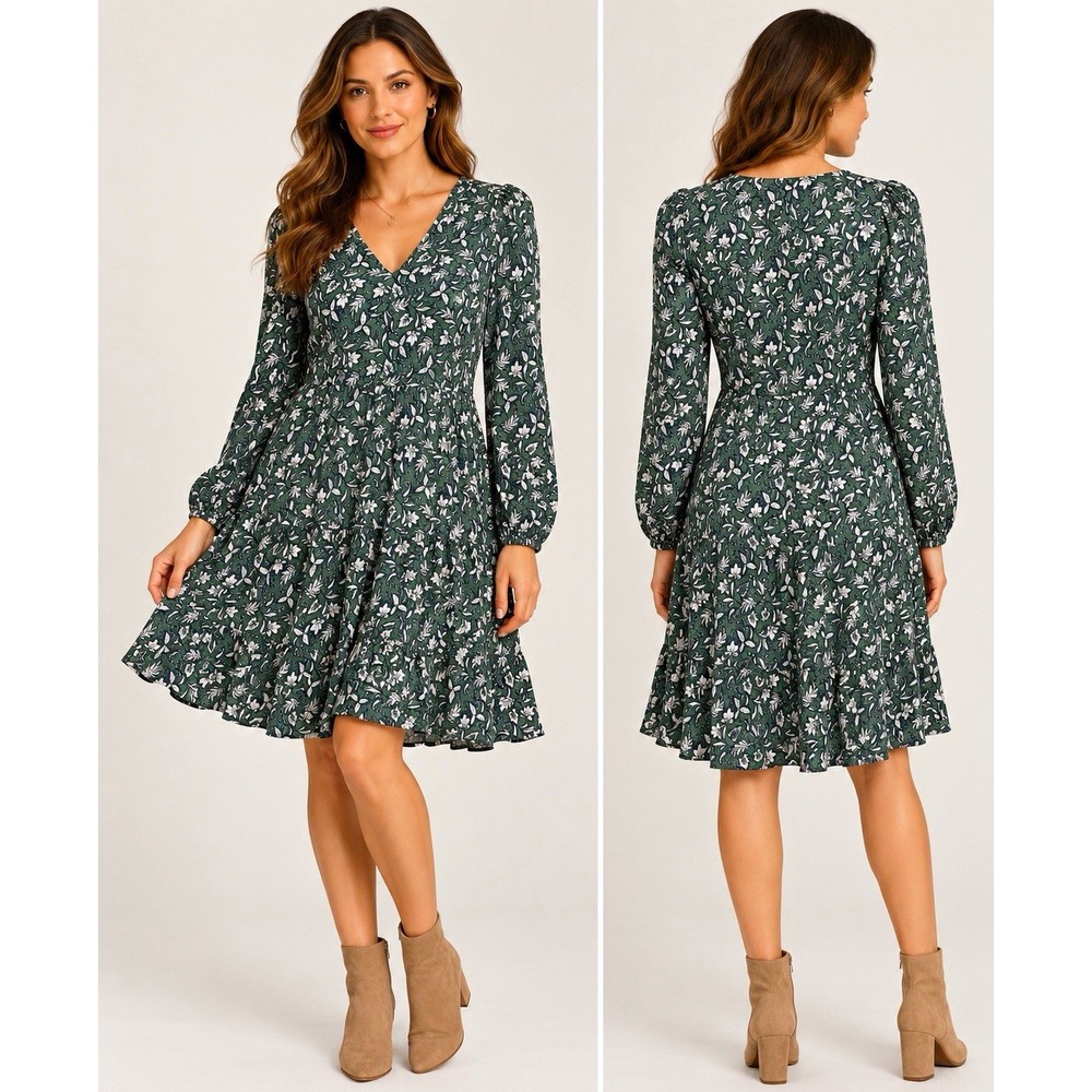 Boden Green Floral V-Neck Flippy Dress Women US 8R UK 12R Viscose Boho Preppy